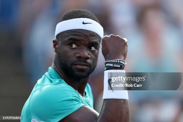 Frances Tiafoe of the United States celebrates winning a point against Juncheng Shang of China during Day 7 of the Mubadala Citi DC Open at Rock...