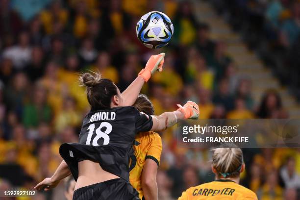 Australia's goalkeeper Mackenzie Arnold makes a save during the Australia and New Zealand 2023 Women's World Cup quarter-final football match between...