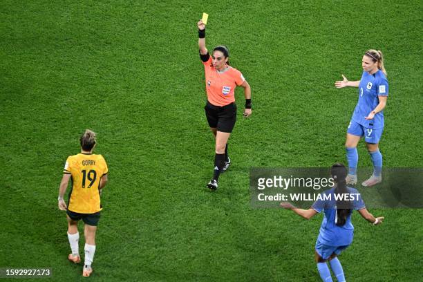 Referee Maria Carvajal gives a yellow card to Australia's midfielder Katrina Gorry during the Australia and New Zealand 2023 Women's World Cup...