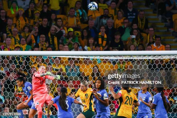 France's goalkeeper Pauline Peyraud-Magnin makes a save during the Australia and New Zealand 2023 Women's World Cup quarter-final football match...