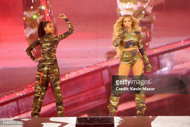 Blue Ive Carter and Beyoncé perform onstage during the "RENAISSANCE WORLD TOUR" at Mercedes-Benz Stadium on August 11, 2023 in Atlanta, Georgia.