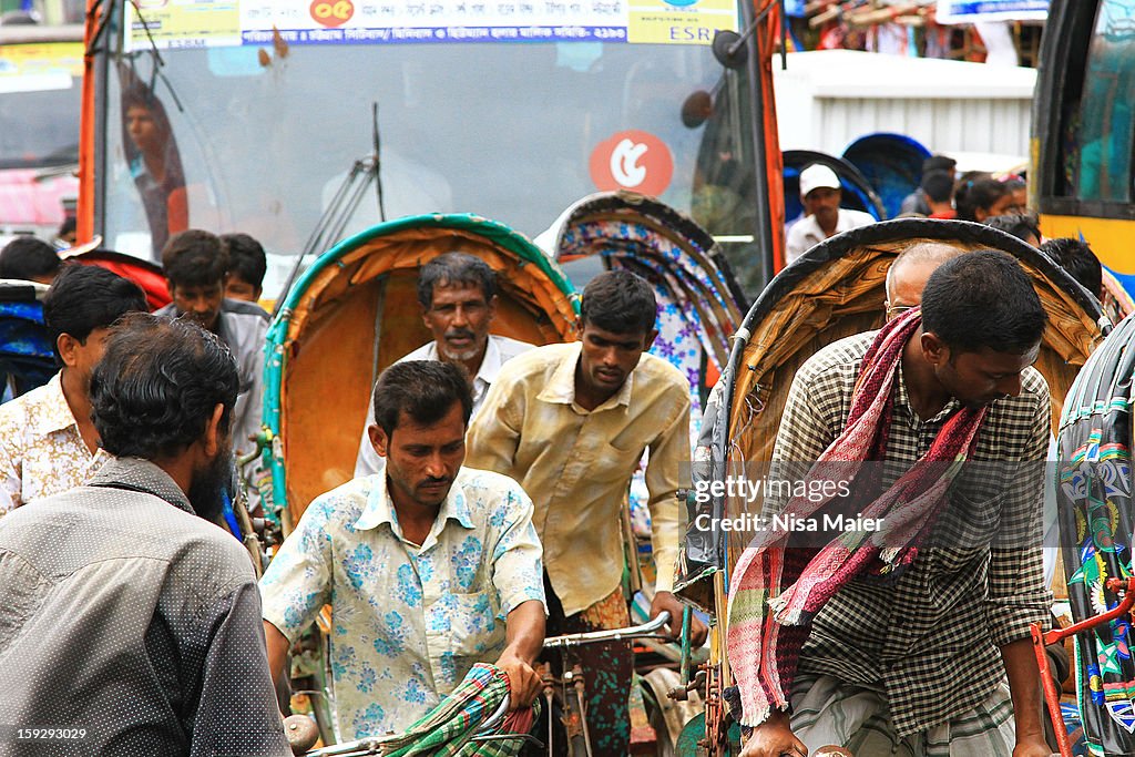 Rikscha traffic in Old Dhaka, Bangladesh.