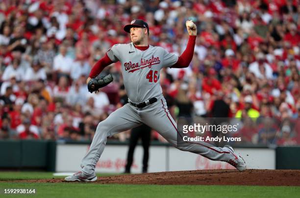 Patrick Corbin of the Washington Nationals throws a pitch against the Cincinnati Reds at Great American Ball Park on August 04, 2023 in Cincinnati,...
