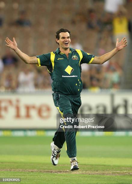 Clint McKay of Australia celebrates the wicket of Dinesh Chandimal of Sri Lanka during game one of the Commonwealth Bank One Day International series...