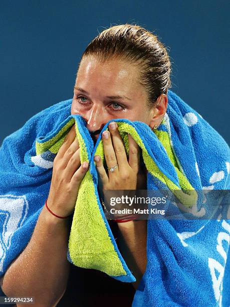 Dominika Cibulkova of Slovakia looks dejected after losing the women's final match against Agnieszka Radwanska of Poland during day six of the Sydney...