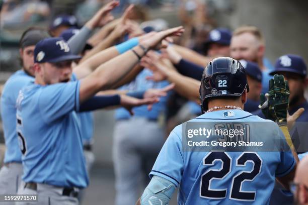 Jose Siri of the Tampa Bay Rays celebrates his second inning home run with teammates while playing the Detroit Tigers at Comerica Park on August 04,...