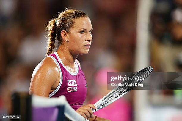 Dominika Cibulkova of Slovakia reacts after losing a point after a challenge in the women's final match against Agnieszka Radwanska of Poland during...
