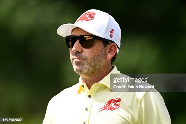 Sergio Garcia of Spain walks out of the 12th tee box during day one of the LIV Golf Invitational - Greenbrier at The Old White Course on August 04,...