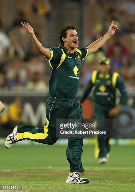 Clint McKay of Australia celebrates the wicket of Ajantha Mendis of Sri Lanka during game one of the Commonwealth Bank One Day International series...