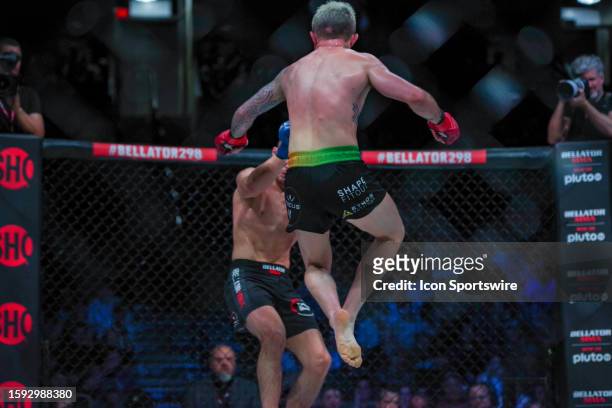 James Gallagher attempts a flying knee on James Gonzalez on his way to victory in his fight at Bellator 298 on August 11 at the Sanford Pentagon in...