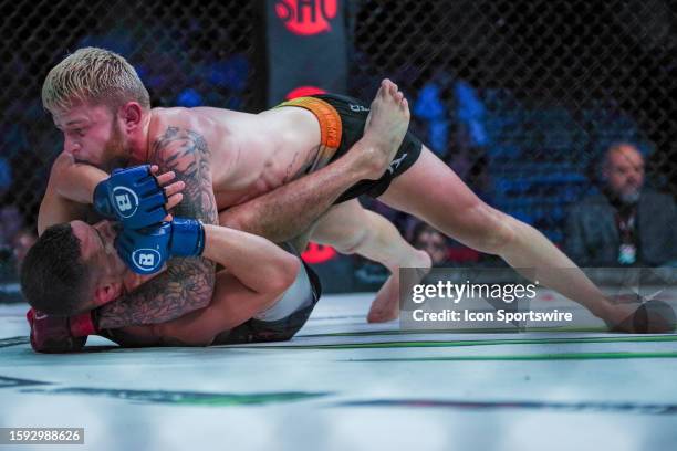 James Gallagher grapples James Gonzalez on his way to victory in his fight at Bellator 298 on August 11 at the Sanford Pentagon in Sioux Falls, SD.