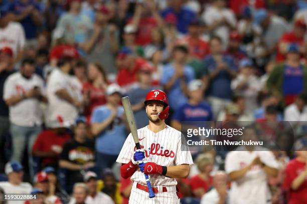 Trea Turner of the Philadelphia Phillies looks on during the fourth inning against the Kansas City Royals at Citizens Bank Park on August 04, 2023 in...