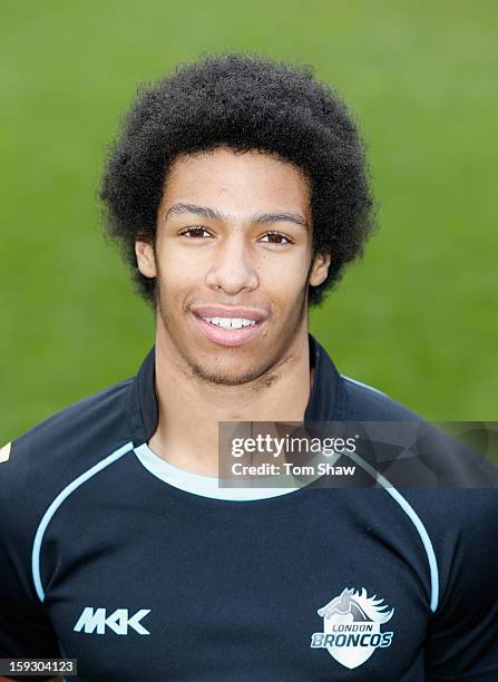 Oscar Thomas of London Broncos poses for a headshot during the London Broncos Photocall at Honourable Artillery Company on January 11, 2013 in...