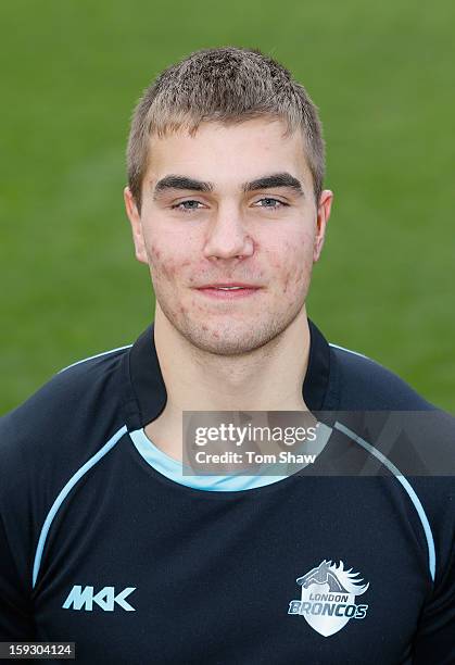 Mike McMeeken of London Broncos poses for a headshot during the London Broncos Photocall at Honourable Artillery Company on January 11, 2013 in...