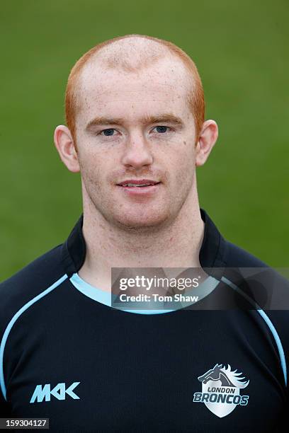 Shane Grady of London Broncos poses for a headshot during the London Broncos Photocall at Honourable Artillery Company on January 11, 2013 in London,...