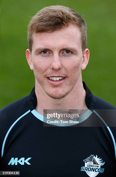 Dan Sarginson of London Broncos poses for a headshot during the London Broncos Photocall at Honourable Artillery Company on January 11, 2013 in...