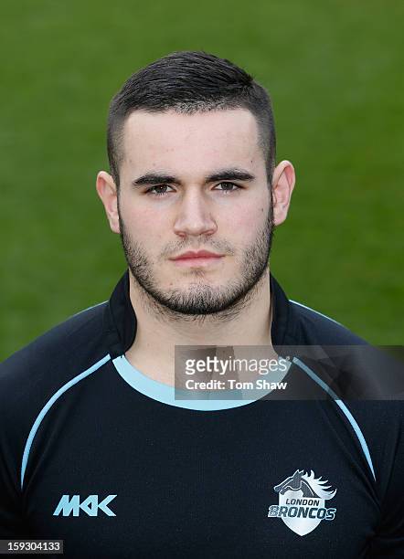 Erjon Dollapi of London Broncos poses for a headshot during the London Broncos Photocall at Honourable Artillery Company on January 11, 2013 in...