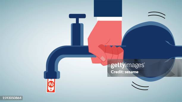 reducing expenditures and budgets, inflation, currency devaluation, declining economy or income, hand squeezing the faucet vigorously to reduce the outflow of funds - pinching stock illustrations