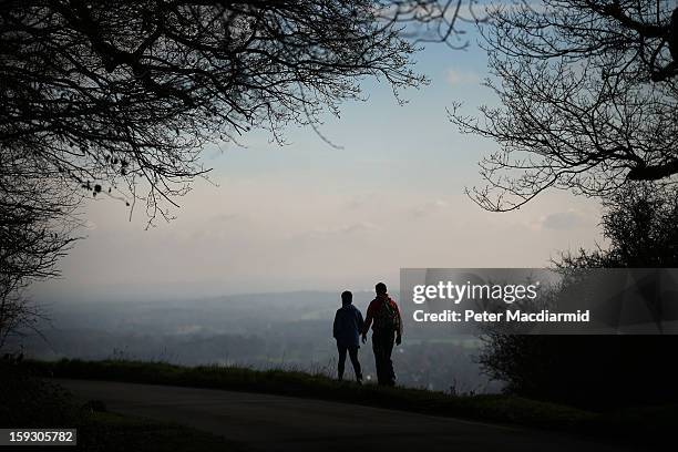 Walkers take in the view from the top of Box Hill on January 11, 2013 near Dorking, England. After a mild spell the United Kingdom is getting ready...
