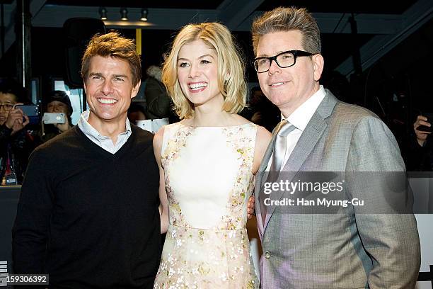 Actors Tom Cruise, Rosamund Pike and director Christopher McQuarrie attend the 'Jack Reacher' Fan Screening at Busan Cinema Center on January 10,...