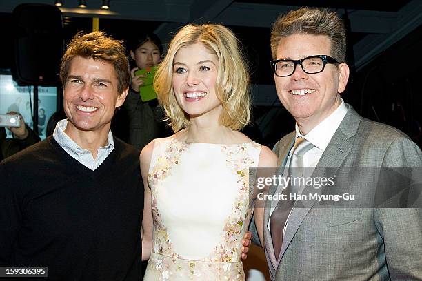 Actors Tom Cruise, Rosamund Pike and director Christopher McQuarrie attend the 'Jack Reacher' Fan Screening at Busan Cinema Center on January 10,...