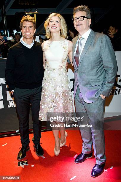 Actors Tom Cruise, Rosamund Pike and director Christopher McQuarrie attend the 'Jack Reacher' Fan Screening at Busan Cinema Center on January 10,...