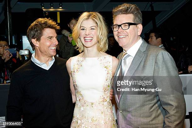 Actors Tom Cruise, Rosamund Pike and director Christopher McQuarrie attend the 'Jack Reacher' Fan Screening at Busan Cinema Center on January 10,...