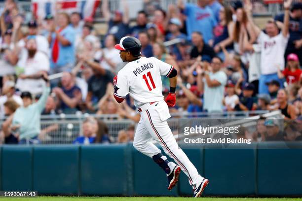 Jorge Polanco of the Minnesota Twins rounds the bases on his solo home run against the Arizona Diamondbacks in the third inning at Target Field on...