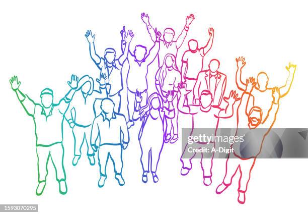 geschäftsveranstaltung overhead-schuss regenbogen - gruppenfoto stock-grafiken, -clipart, -cartoons und -symbole