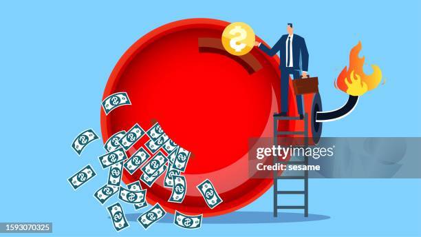 gefährliche riskante investitionen, hohes risiko, hohe rendite, finanzielle risikokontrolle, risikomanagement von vermögen, geschäftsleute, die geld nehmen und es in riesige bomben stecken und eine hohe rendite erzielen - dollar sign emoji stock-grafiken, -clipart, -cartoons und -symbole