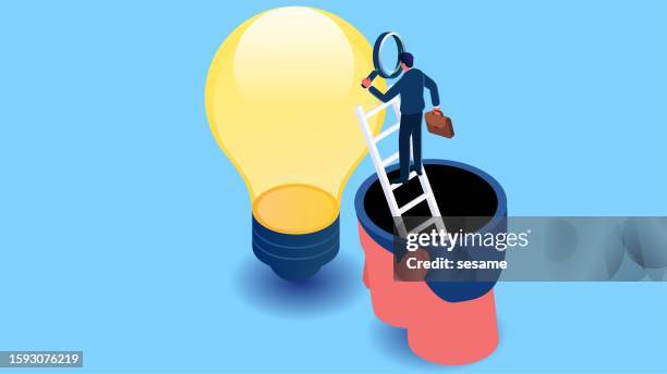 ideas, creativity to help explore solutions to problems, get ideas and creativity, isometric traders climb ladders with magnifying glasses to get out of their brains and reach the light bulb for exploration - resourceful stock illustrations