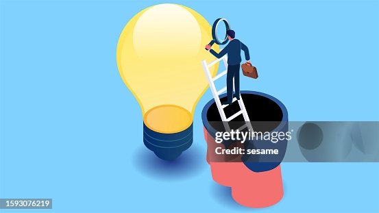 Ideas, creativity to help explore solutions to problems, get ideas and creativity, isometric traders climb ladders with magnifying glasses to get out of their brains and reach the light bulb for exploration Ideas, creativity to help explore solutions to problems, get ideas and creativity, isometric traders climb ladders with magnifying glasses to get out of their brains and reach the light bulb for exploration