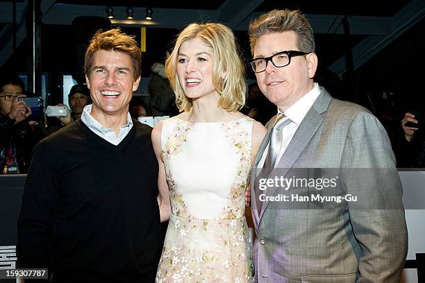 Actors Tom Cruise, Rosamund Pike and director Christopher McQuarrie attend the 'Jack Reacher' Fan Screening at Busan Cinema Center on January 10,...