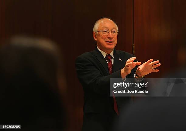 Interior Secretary Ken Salazar speaks during a tourism and conservation discussion with the Greater Miami Chamber of Commerce on January 11, 2013 in...