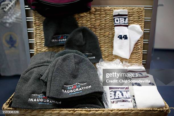 Commemorative winter hats and tube sock sets are for sale at the Presidential Inaugural Committee's store near the intersection of 11th and F Streets...