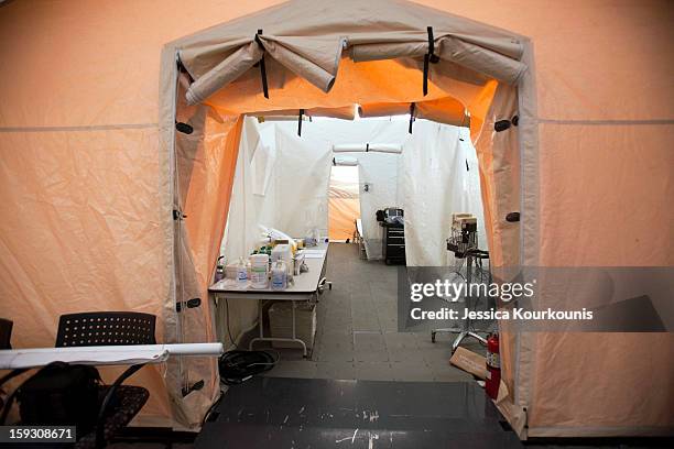 Mobile tent is set up to handle the recent influx of flu cases by the Lehigh Valley Health Network's main hospital campus January 11, 2013 in...