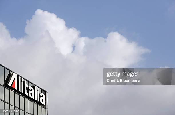 An Alitalia SpA logo sits on the company's offices at Fiumicino airport in Rome, Italy, on Friday, Jan. 11, 2013. Former Italian Prime Minister...