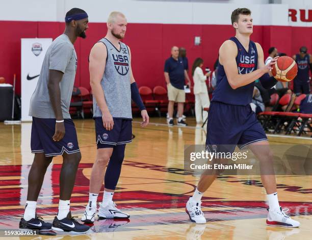 Bobby Portis of the 2023 USA Basketball Men’s National Team, Eric Mika of the 2023 USA Basketball Men's Select Team and Walker Kessler of the 2023...