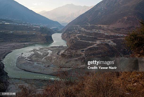 View of the river Jehlum that flows from Indian-administered Kashmir to Pakistan near the border area near Uri on January 11, 2013 in Salamabad, 120...