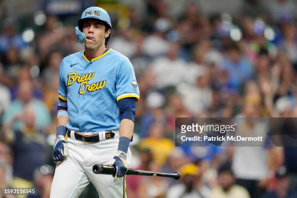 Christian Yelich of the Milwaukee Brewers reacts after striking out looking in the fourth inning against the Pittsburgh Pirates at American Family...