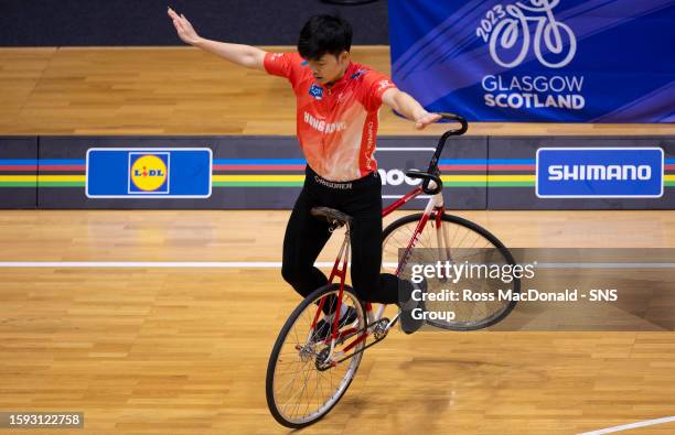 Yat Nam Chan of Hong Kong during a UCI artistic cycling event at the Emirates Arena, on August 12 in Glasgow, Scotland.