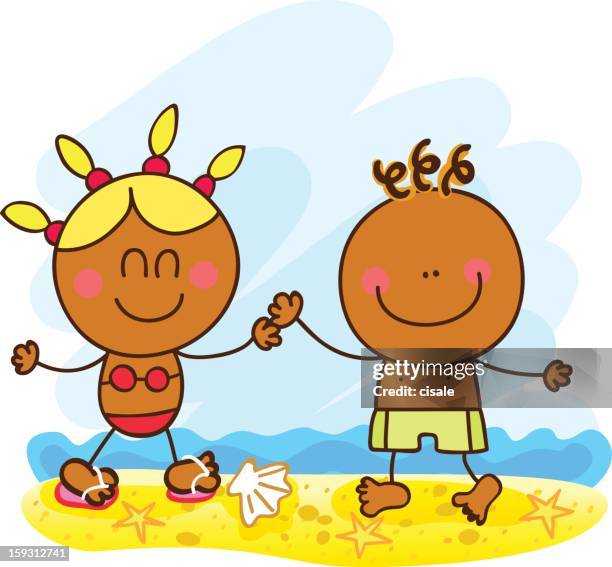 black little couple at beach, sea, vacation cartoon illustration - black people in bathing suits stock illustrations