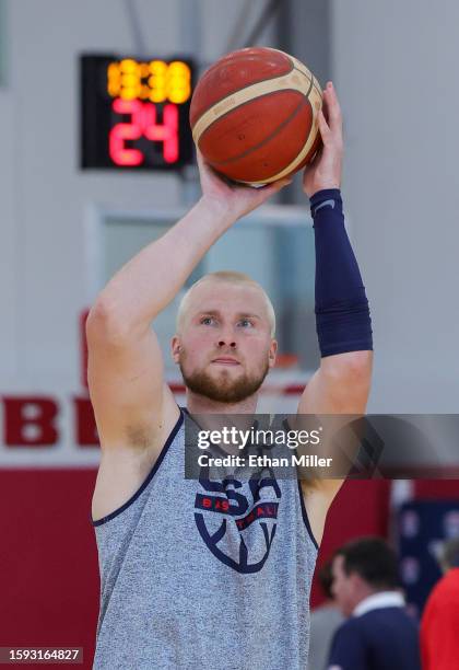 Eric Mika of the 2023 USA Basketball Men's Select Team shoots a practice session during the USA Men's National Team training camp at the Mendenhall...