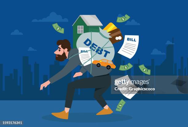 the young man was burdened with high household debt due to recession and deflation. - finance and economy stock illustrations