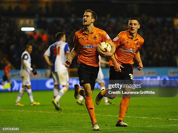 Roger Johnson of Wolves celebrates the equalising goal during the npower Championship match between Wolverhampton Wanderers and Blackburn Rovers at...