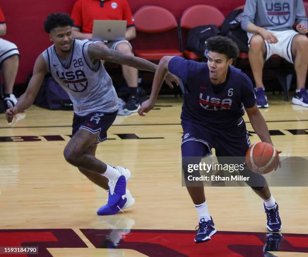 Cam Johnson of the 2023 USA Basketball Men’s National Team brings the ball up the court against Jalen Green of the 2023 USA Basketball Men’s Select...