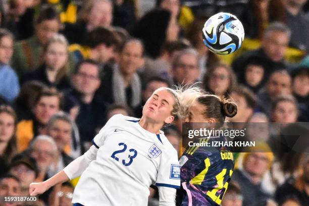 Colombia's defender Ana Guzman and England's forward Alessia Russo fight for the ball during the Australia and New Zealand 2023 Women's World Cup...