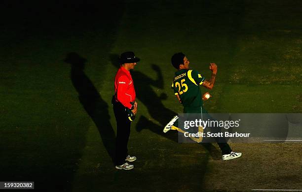 Mitchell Johnson of Australia runs in to bowl during game one of the Commonwealth Bank One Day International series between Australia and Sri Lanka...