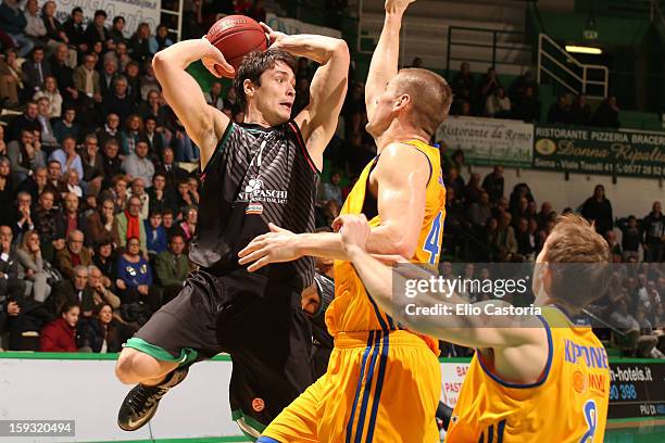 Kristjan Kangur, #11 of Montepaschi Siena in action during the 2012-2013 Turkish Airlines Euroleague Top 16 Date 3 between Montepaschi Siena v BC...