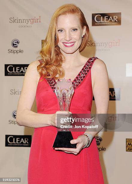 Actress Jessica Chastain poses in the press room at the 18th Annual Critics' Choice Movie Awards at Barker Hangar on January 10, 2013 in Santa...